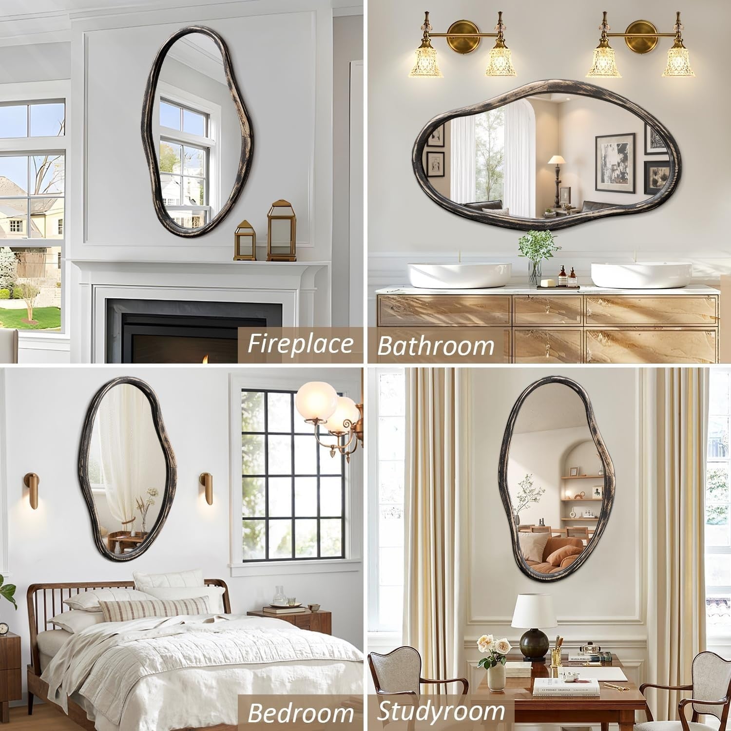 90x60cm Irregular Wall Mirror Rustic Black Modern Bathroom Hallway Decor