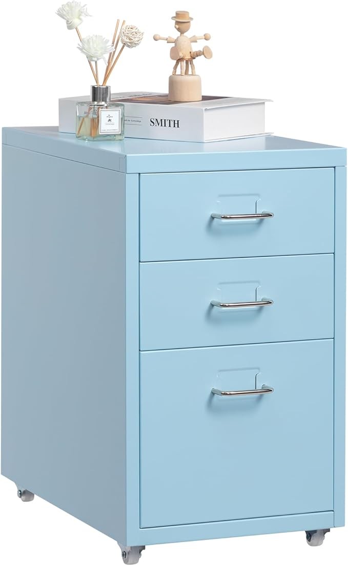 3 Drawer Metal File Cabinet with Wheels, Under Desk Office Storage Unit Rolling