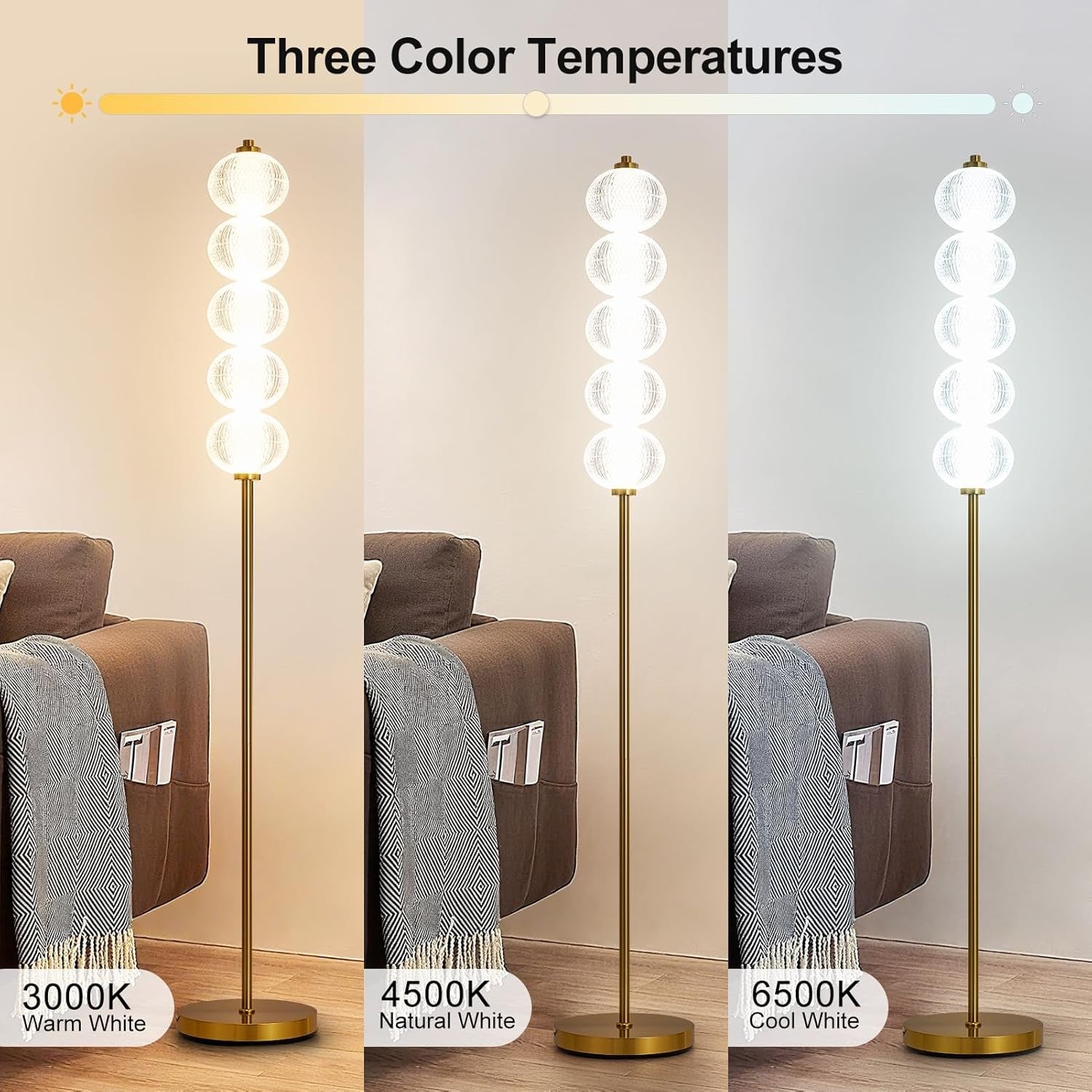 LED Floor Lamp Gold 2400LM Bright Standing Light 3 Colour Temperatures