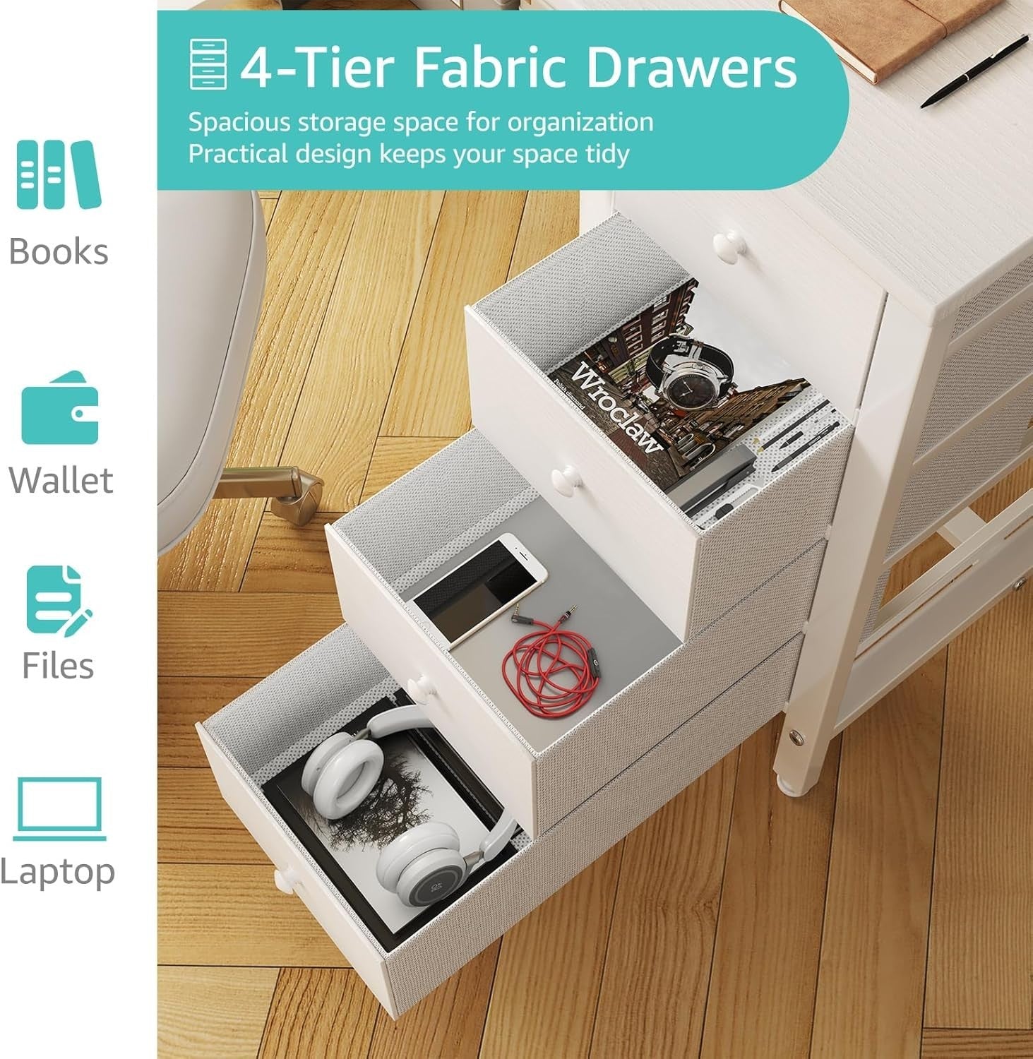 Modern White Office Desk w/Fabric Drawers Metal Frame Computer Table