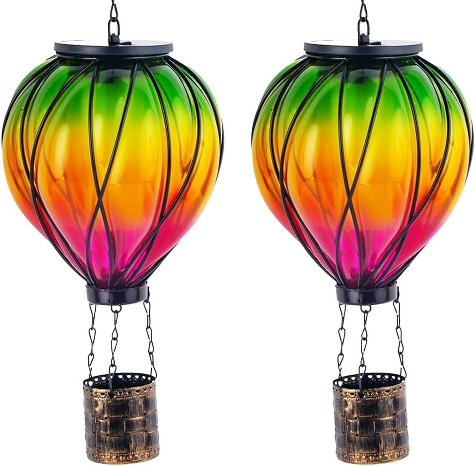 2PCS Hot Air Balloon Solar Lanterns Glass LED Garden Decor