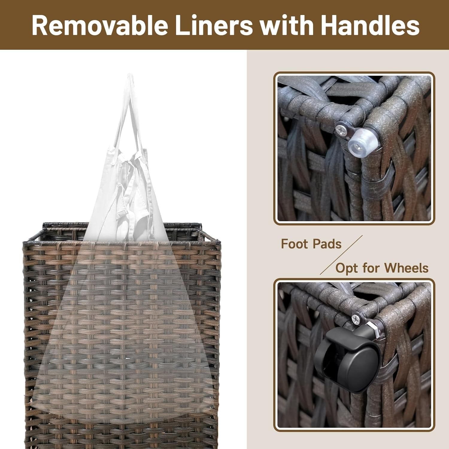 70L Slim Rattan Laundry Hamper with Wheels 2 Removable Bags Tall Basket Brown