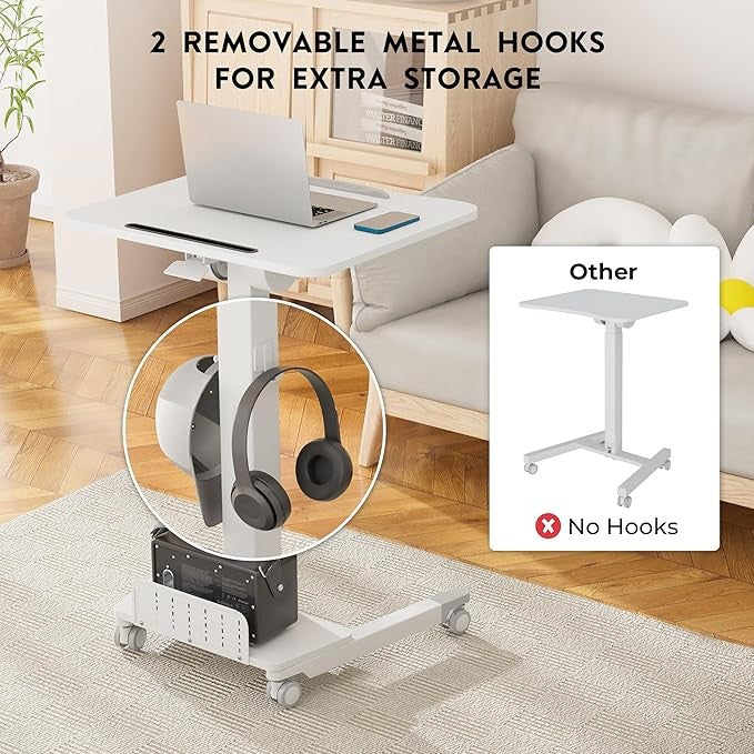 Mobile Standing Desk Adjustable Height Rolling Laptop Table 60x52cm White