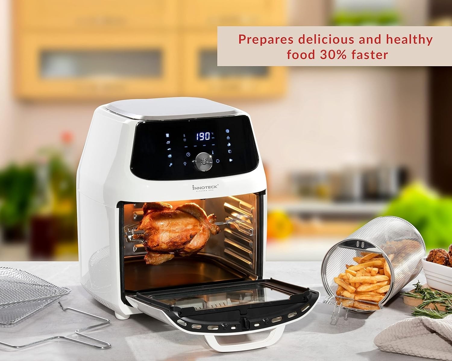 16L Air Fryer Oven Rotisserie 1800W 10 Presets Touchscreen Window white