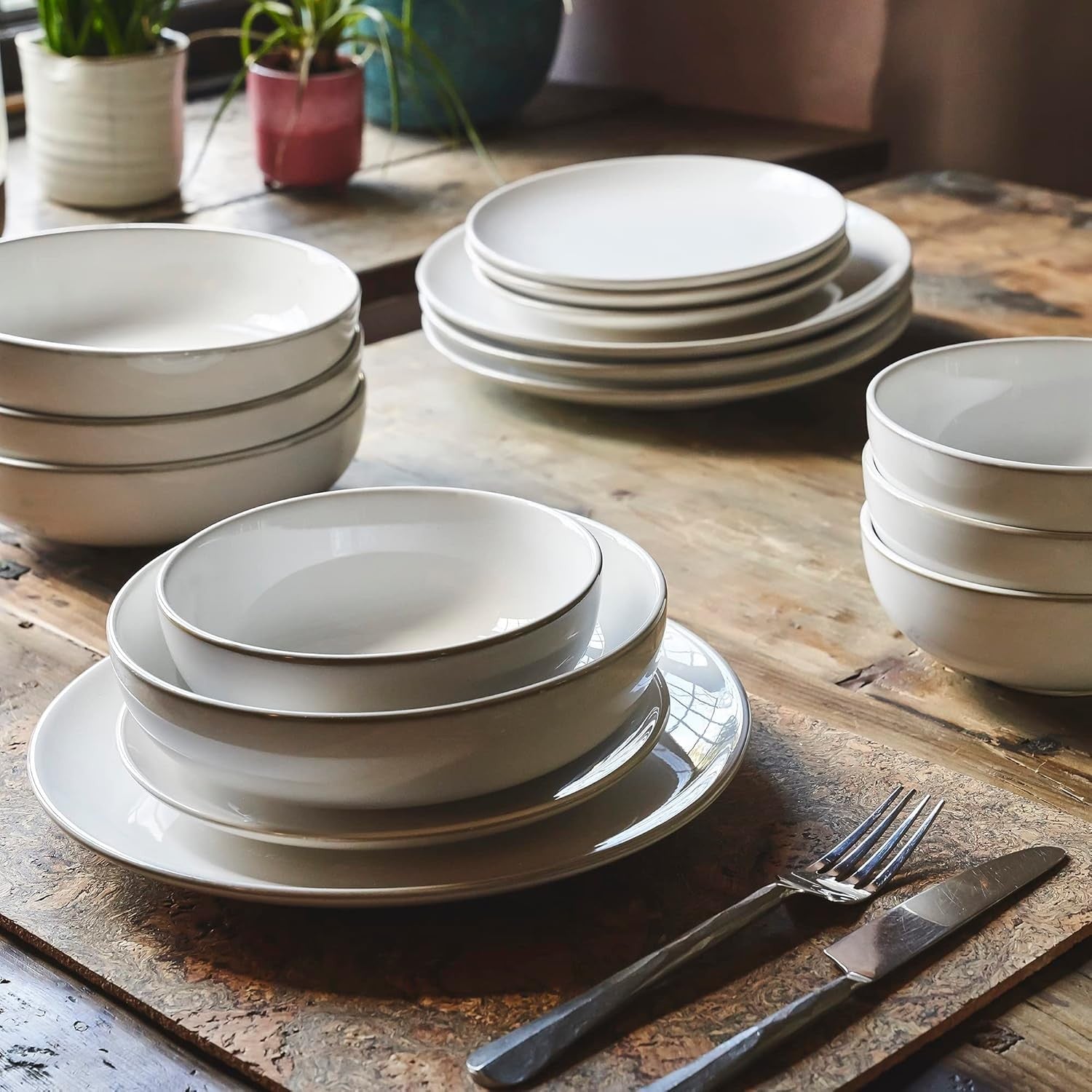 16pc White Stoneware Dinner Set Plates Bowls Microwave Dishwasher Safe
