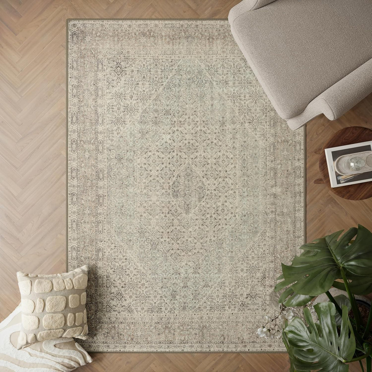 Washable Rug 152x213cm Non-Slip Soft Vintage Beige Carpet Living Room Bedroom