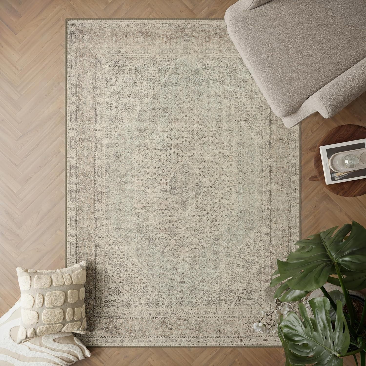 Washable Rug 152x213cm Non-Slip Soft Vintage Beige Carpet Living Room Bedroom
