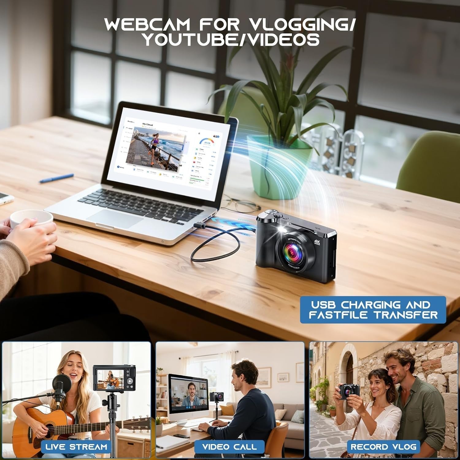 4K 56MP Digital Vlogging Camera Flip Screen Zoom SD Card Bundle