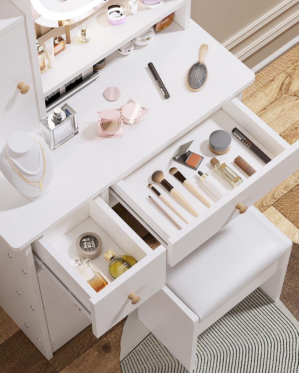 White Dressing Table Set Makeup Vanity w/ Round LED Light Mirror & Stool