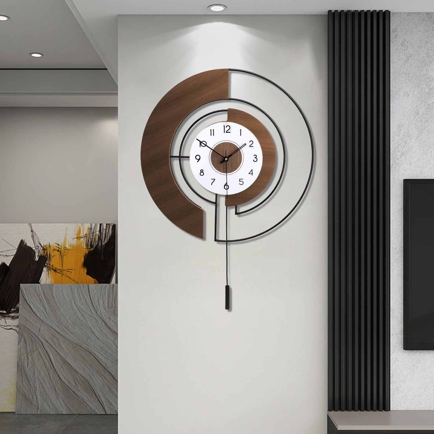Silent Large Wall Clock with Pendulum, Quartz Battery Operated, Modern Decor