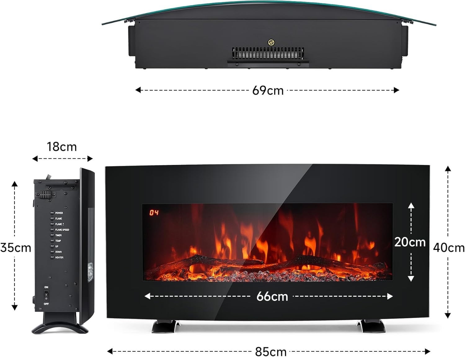 Curved Electric Fireplace Wall Mount or Freestanding 10 Flame Heater