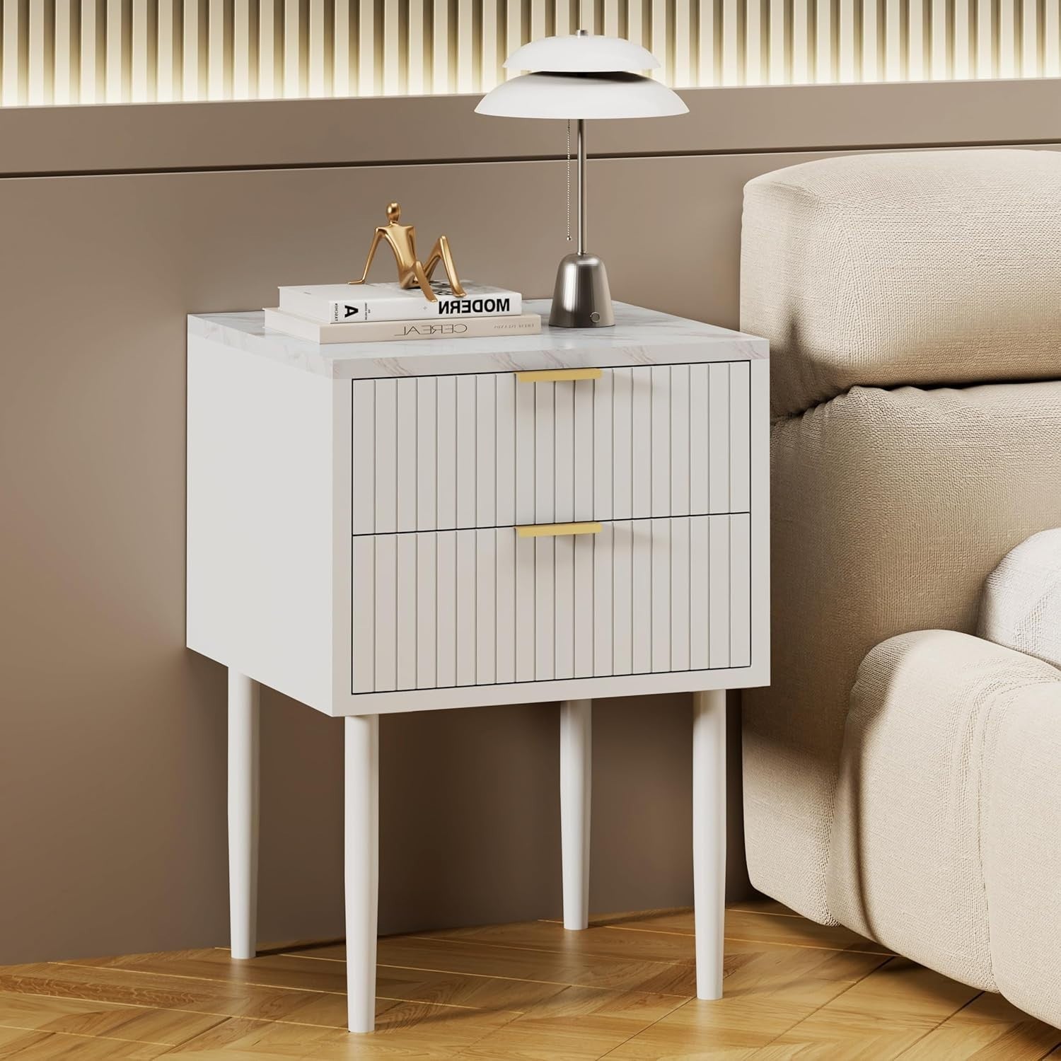 Set of 2 White Marble Bedside Tables | Modern 2 Drawer Nightstands