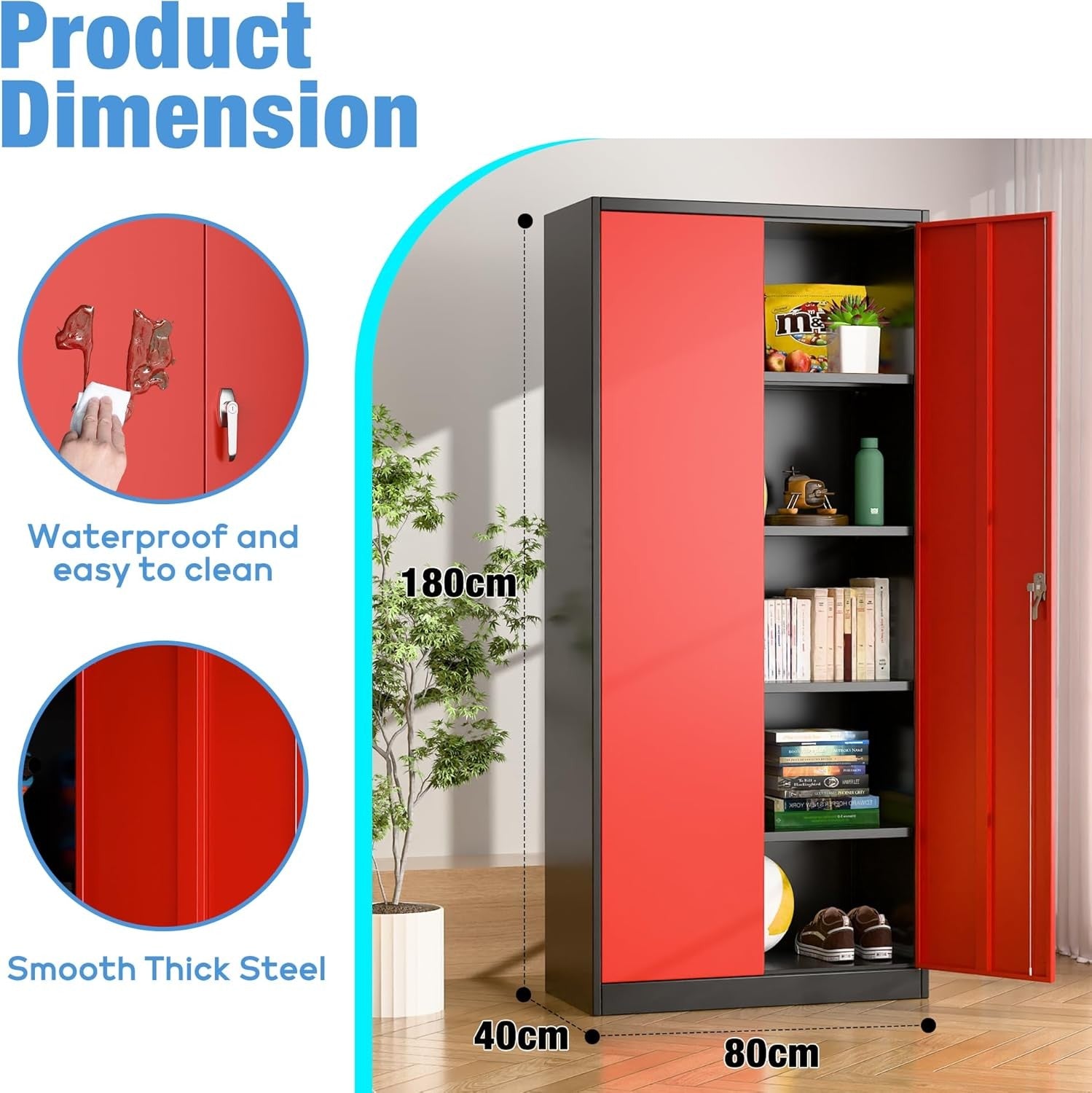 Tall Metal Storage Cabinet 180cm Lockable Cupboard with Adjustable Shelves