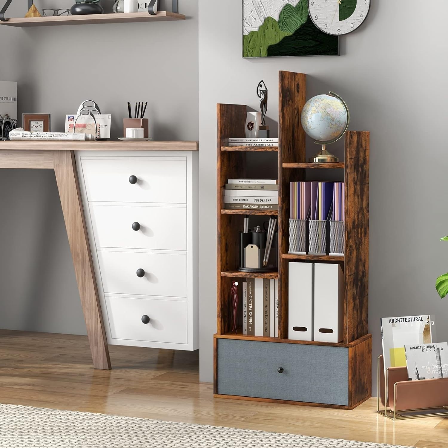7-Tier Rustic Brown Wooden Bookshelf with Drawer, Space-Saving Storage
