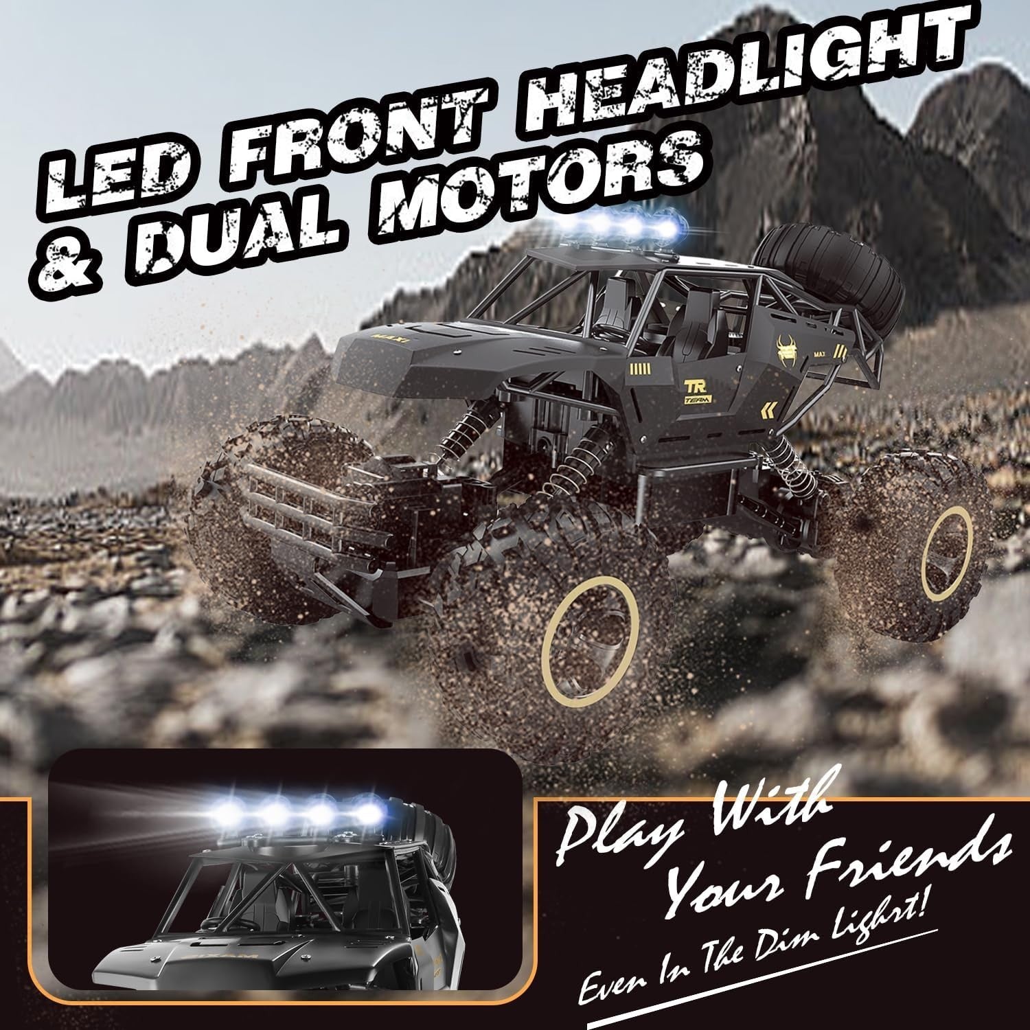 1:12 RC Monster Truck 4WD 2.4GHz Rock Crawler Metal Shell LED Car with 2 Batteri