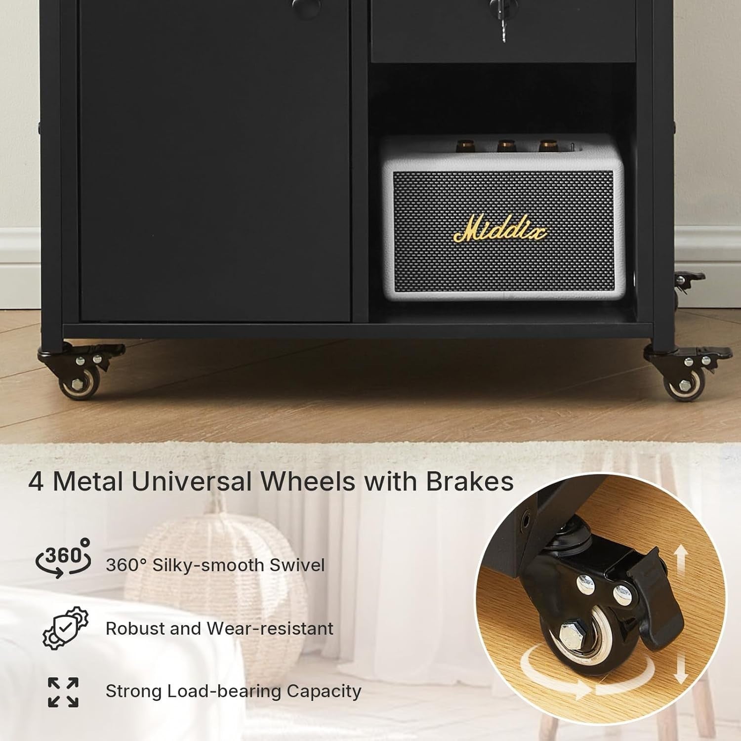 Black Mobile File Cabinet w/ Charging Station Lockable Drawer Printer Stand