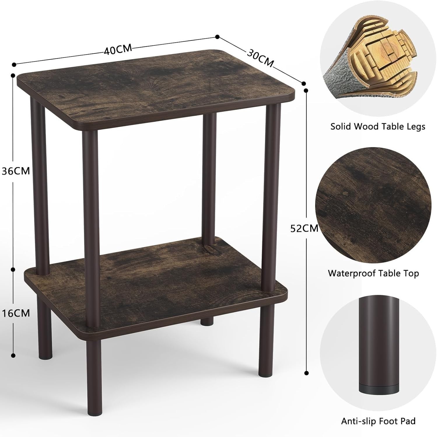 Oak Narrow Bedside Table with Shelf – 2-Tier Small End Table for Living Room