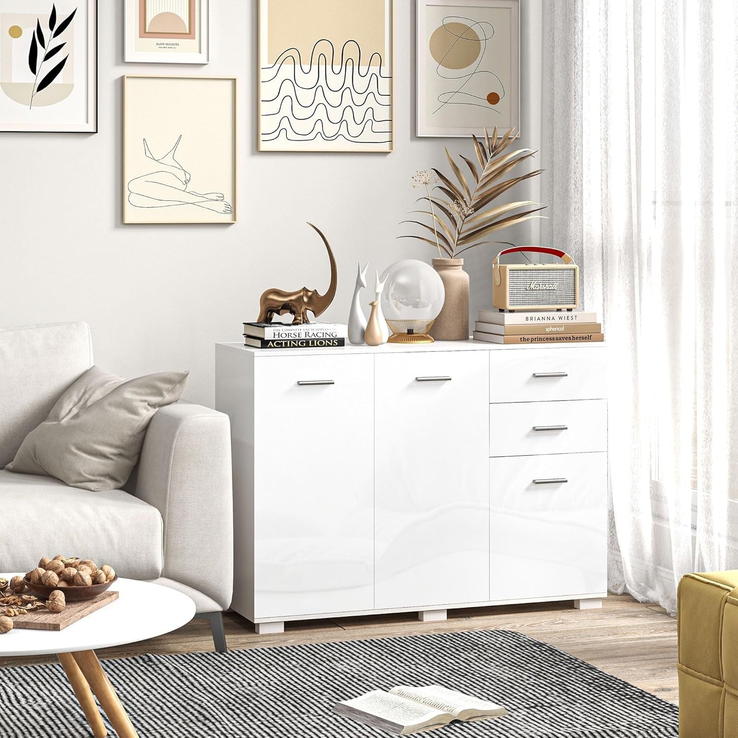 Modern High Gloss Sideboard Cabinet 3 Door 2 Drawer Storage Unit White
