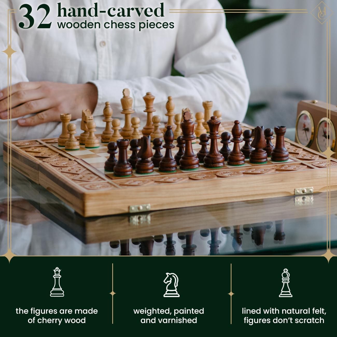 42cm Handcrafted Wooden Chess Set RUBY | Sculpted Pieces | Luxury Foldable Board