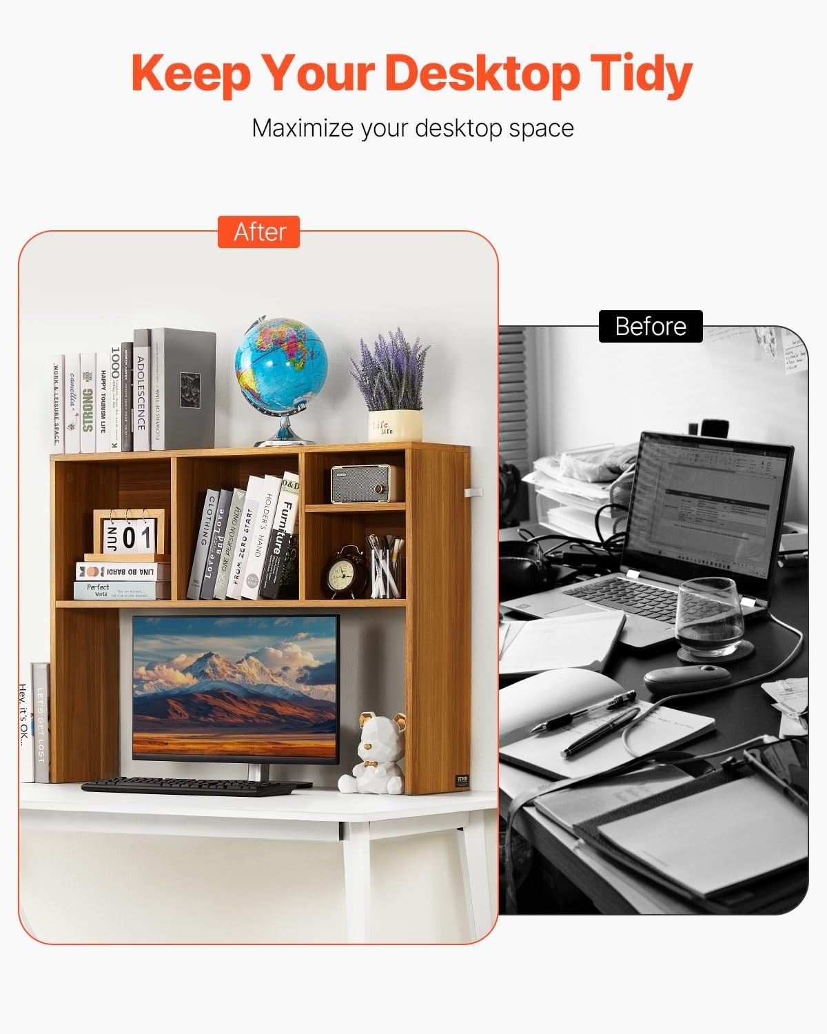 Wood Colour Desktop Bookshelf 94cm Desk Hutch Organizer 1-Tier Storage Rack