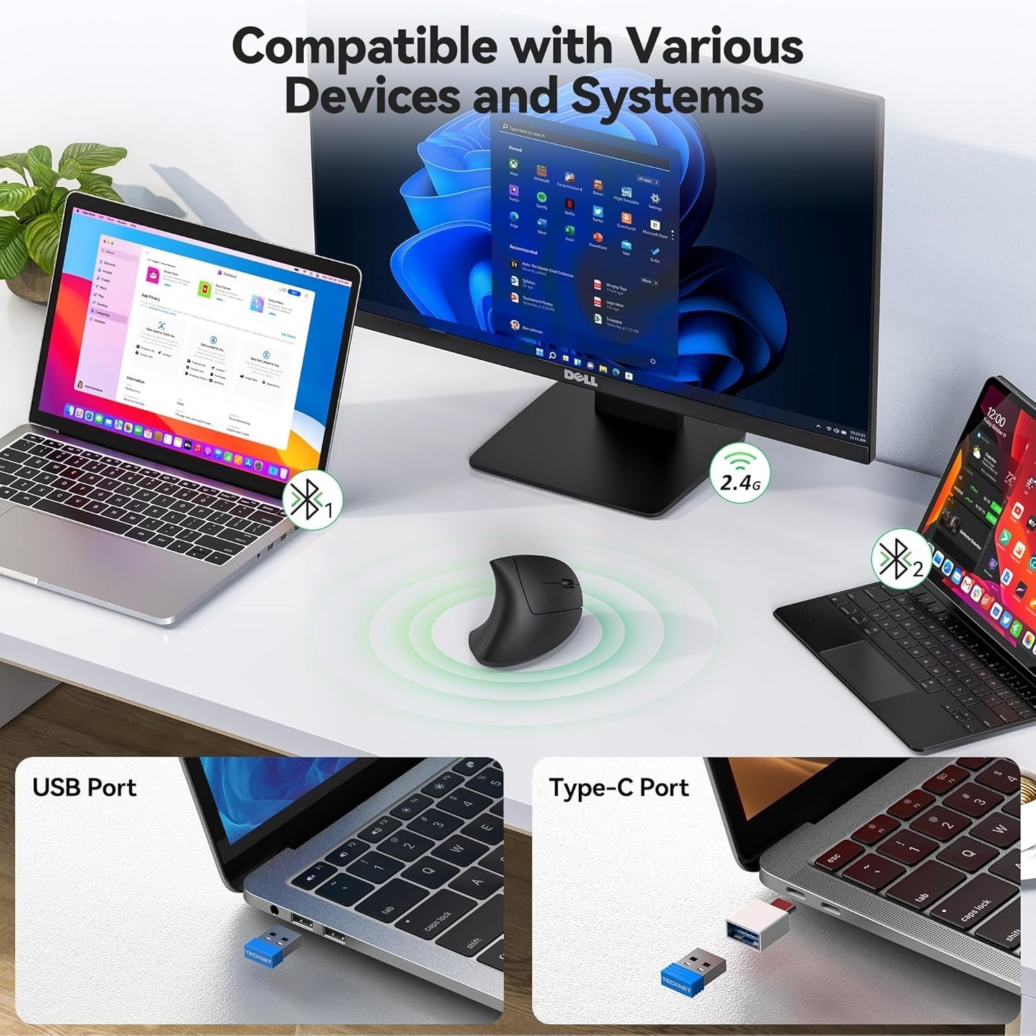 Vertical Ergonomic Wireless Mouse BT 5.0 USB-C Silent 6 Button