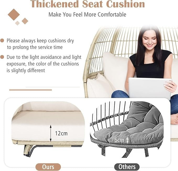 Oversized Rattan Egg Chair with Cushions Indoor Outdoor Lounge Seat 180kg