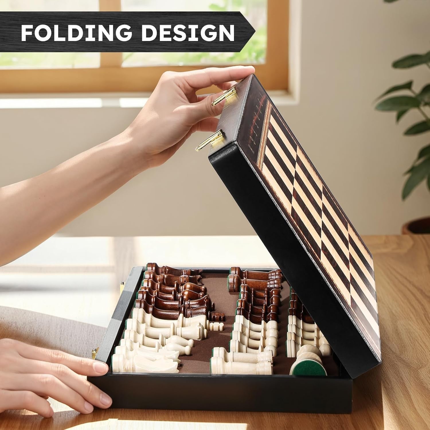 Large 19" Wooden Chess Set Foldable Board Weighted Pieces Extra Queens Classic