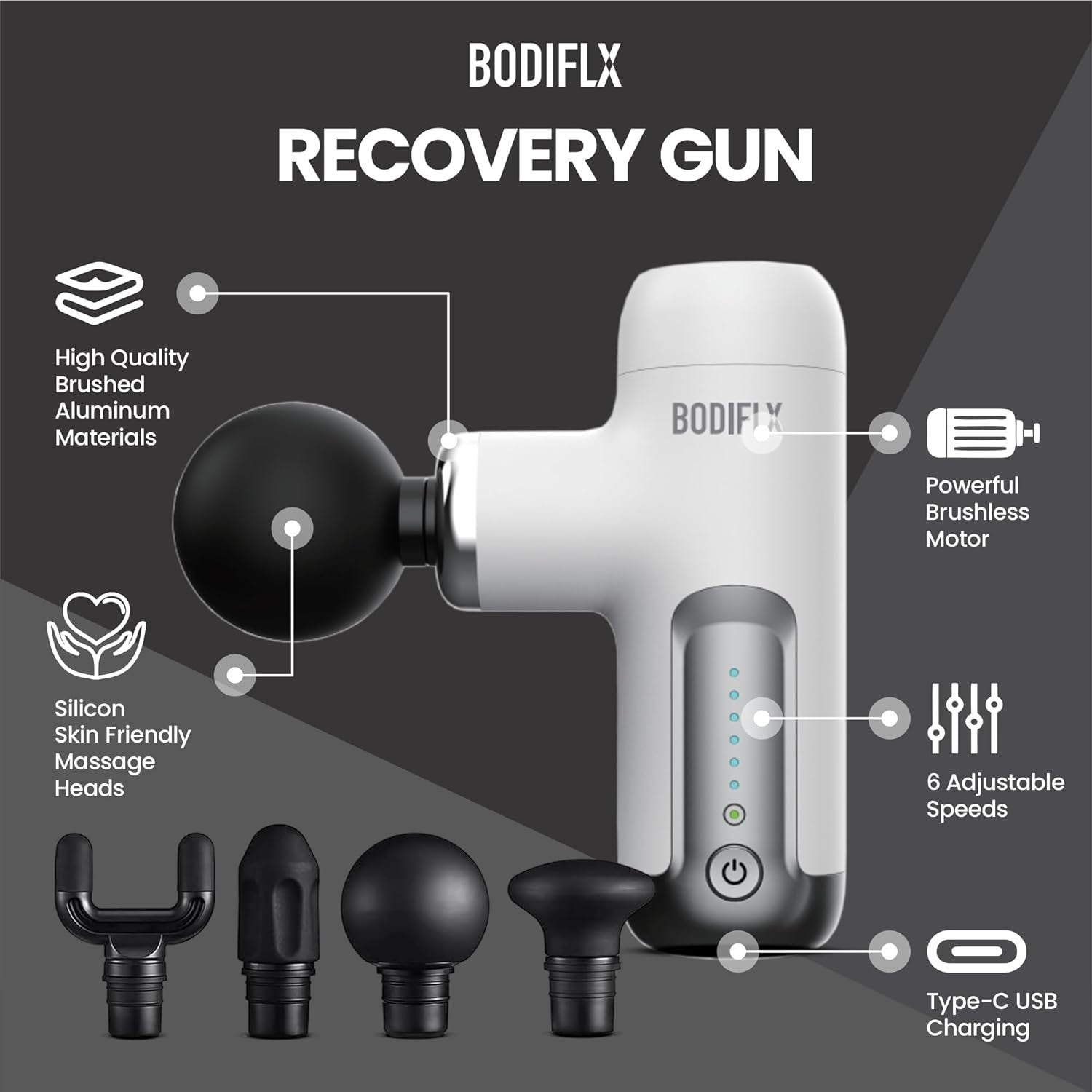 Mini Deep Tissue Massage Gun Muscle Recovery 6 Speeds Quiet Cordless 4 Heads