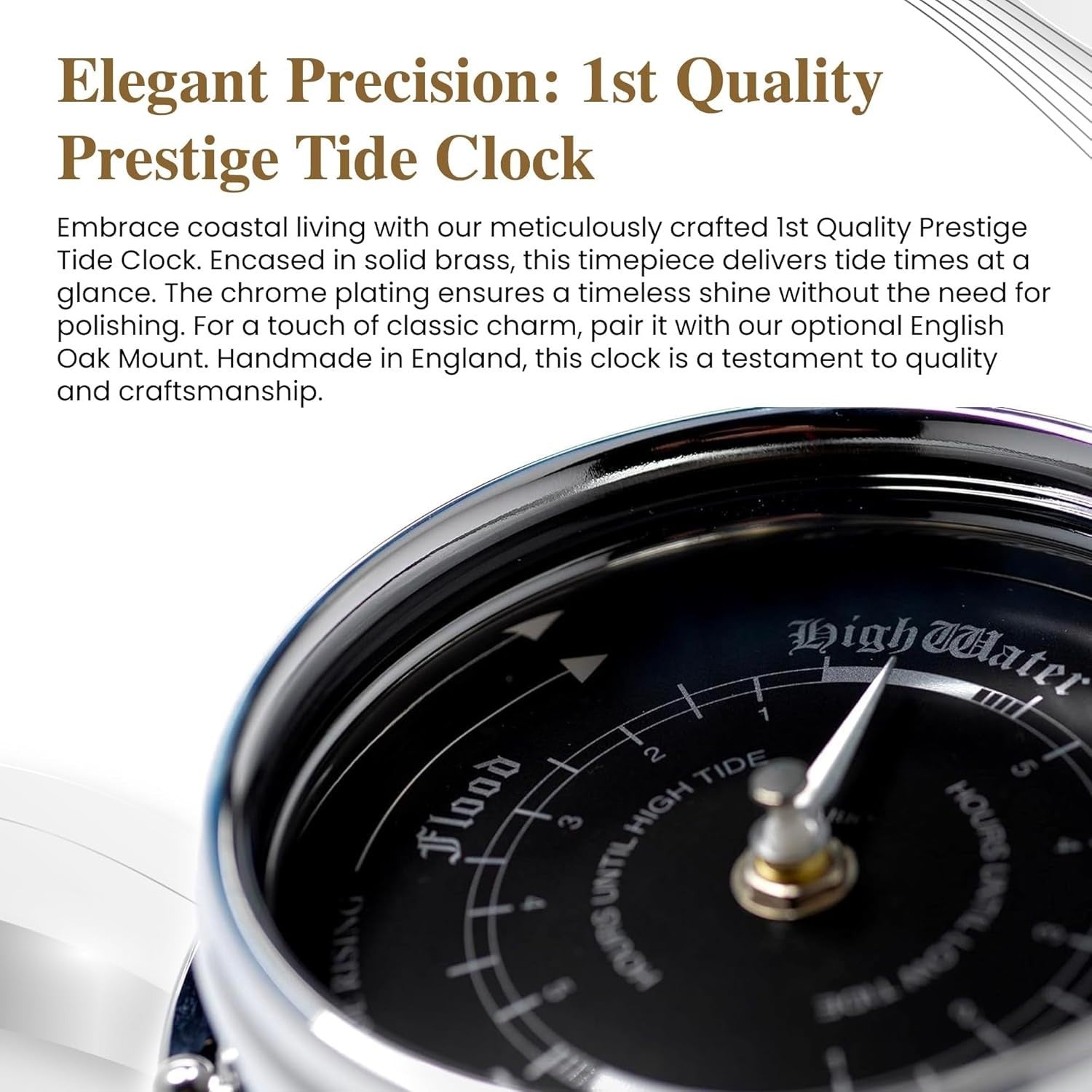 Ocean Tide Clock Silent Analog Wall-Mount, Chrome Plated, Coastal Decor