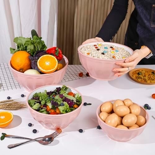 BoxedHome 4-Piece Pink Mixing Bowl Set – Nesting, Lids Included, BPA Free