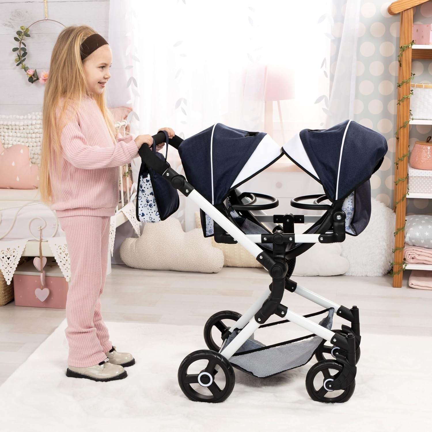 Twin Doll Pram Double Stroller Adjustable Reversible Handle Basket Bag