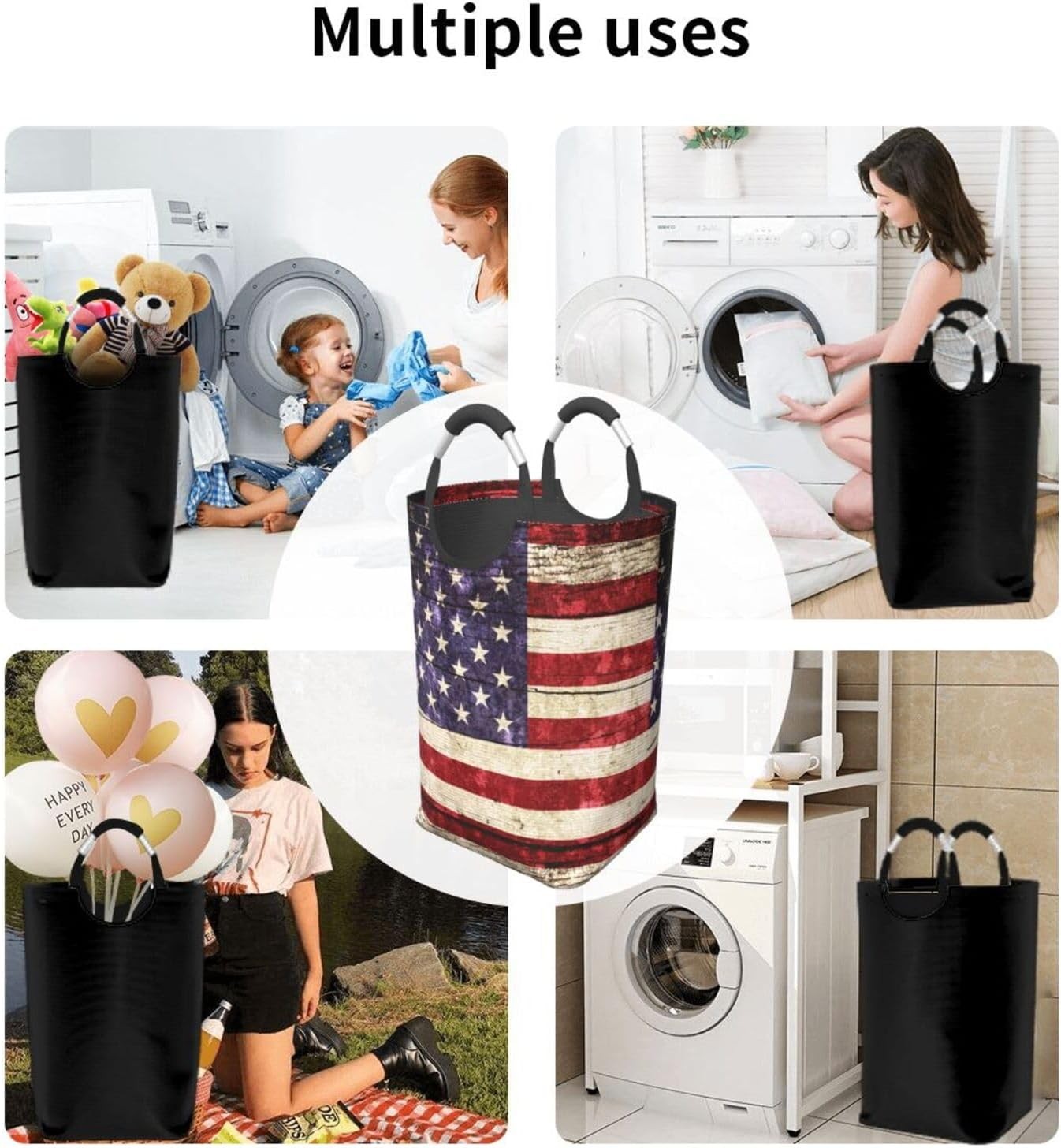 50L American Flag Laundry Basket Foldable Vintage Clothes Hamper with Handles