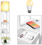Floor Lamp with Shelves Storage LED Light USB Charging Drawer Modern White