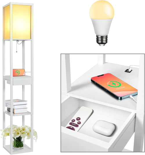 Floor Lamp with Shelves Storage LED Light USB Charging Drawer Modern White