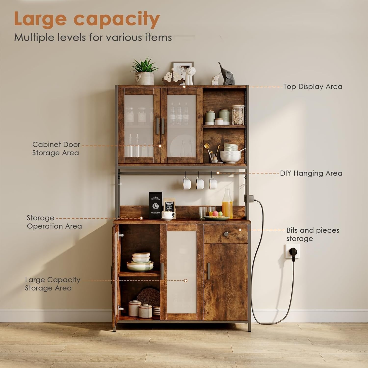 Rustic Brown & Black Tall Kitchen Pantry Cupboard 5 Doors 1 Drawer