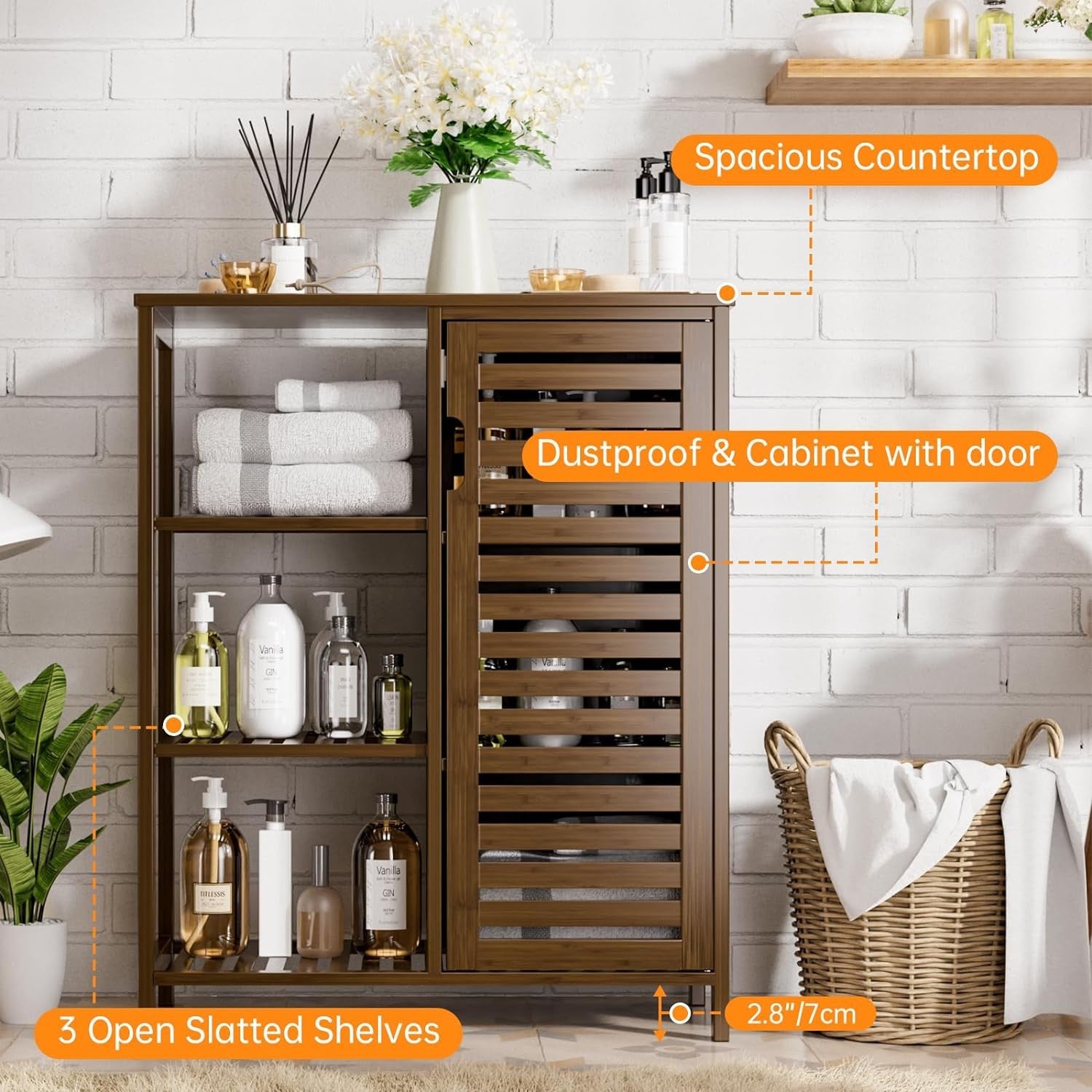 Walnut Bamboo Storage Cabinet with Door & Shelves Modern 63x33x87cm