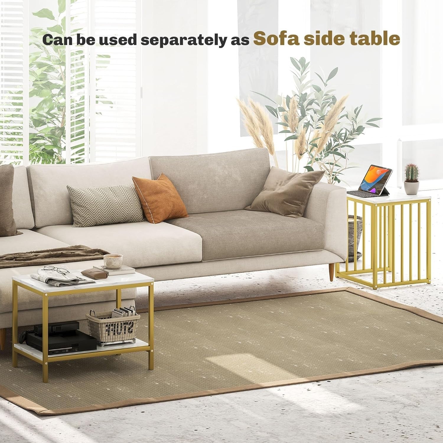 Nest of 2 Side End Coffee Tables Gold Metal Frame Wood Top Bedroom Living Room
