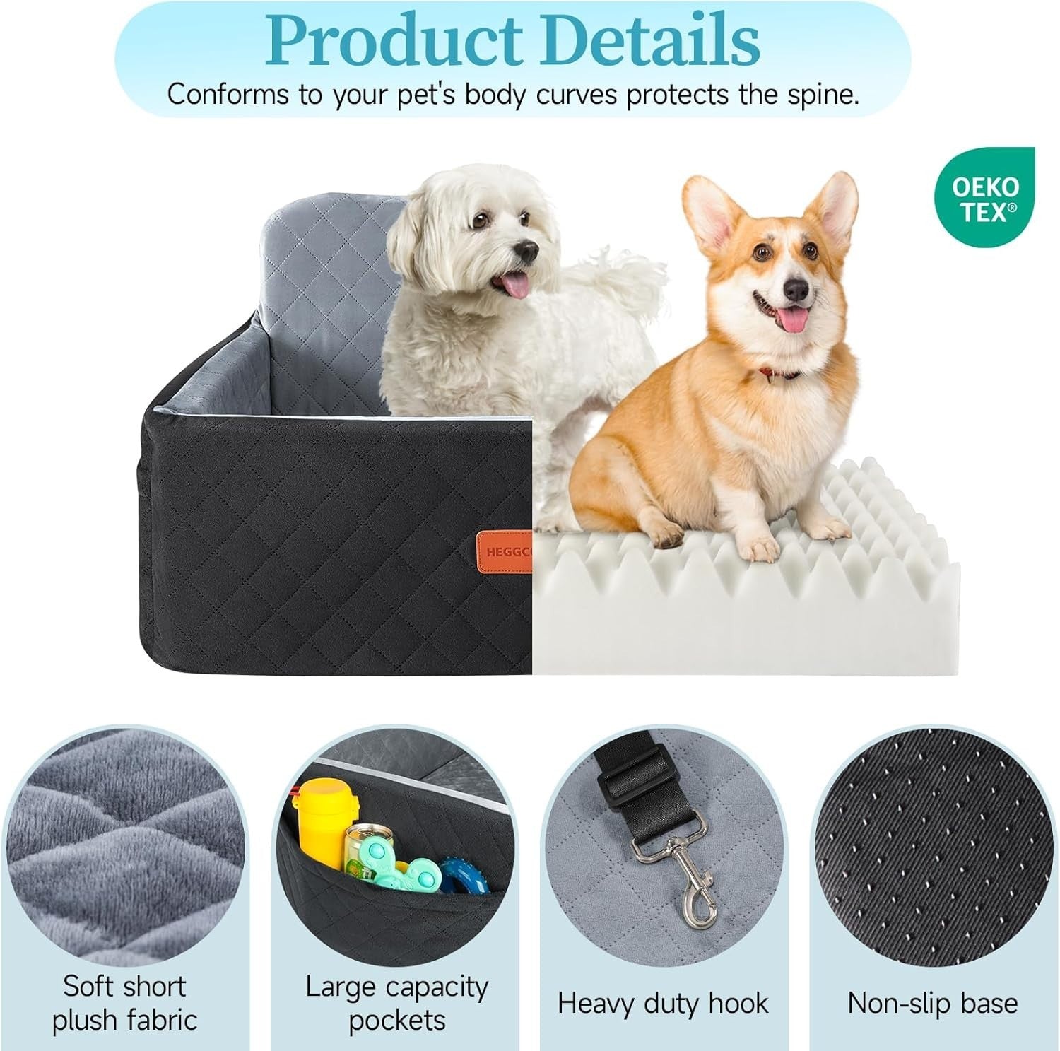 Large Dog Booster Car Seat Washable Travel Bed 55lb Black Grey