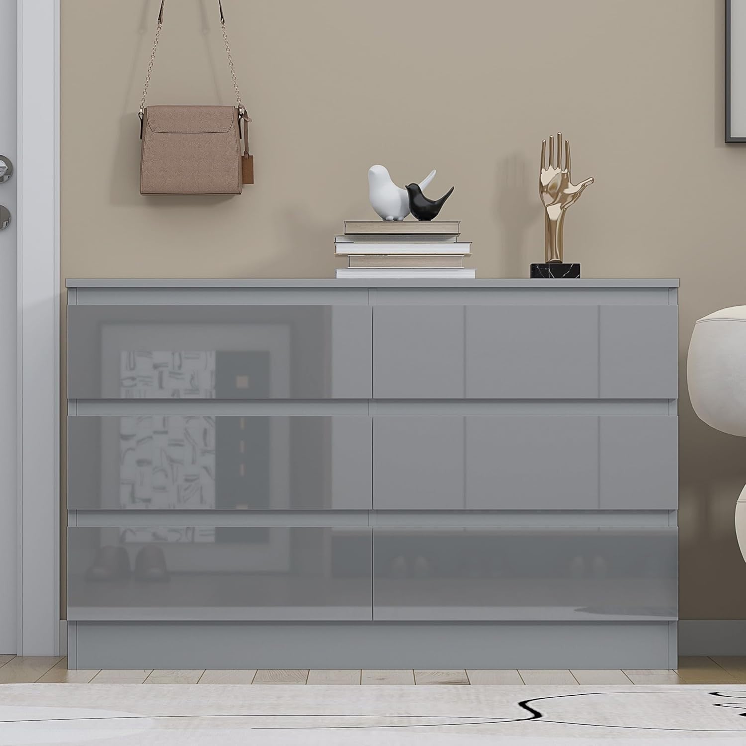 Grey Gloss 6 Drawer Chest Bedroom Dresser Storage Unit Wide Modern Design