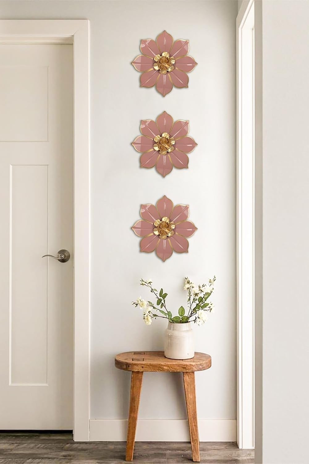3Pcs Pink Metal Flower Wall Art 3D Modern Floral Decor