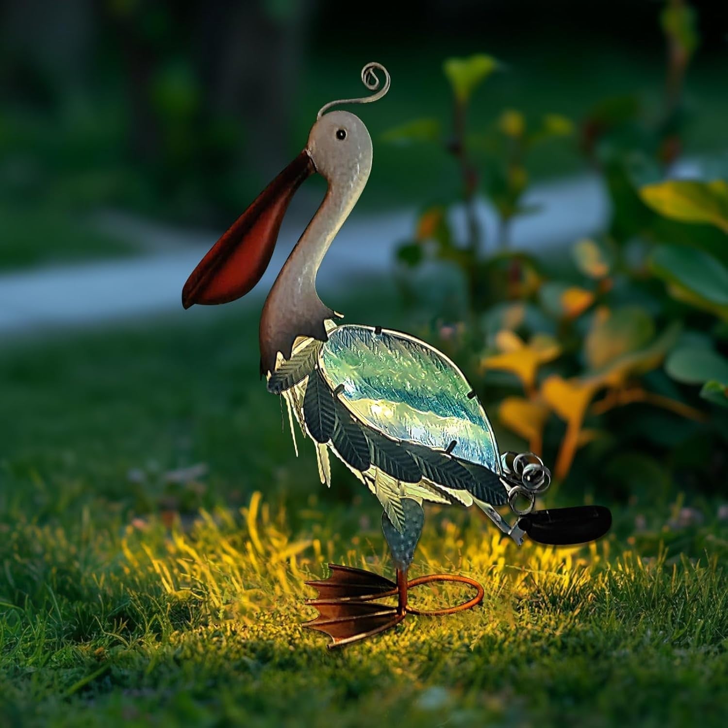 Solar Metal Pelican Garden Statue 19" Coastal Bird Ornament Outdoor Yard Decor