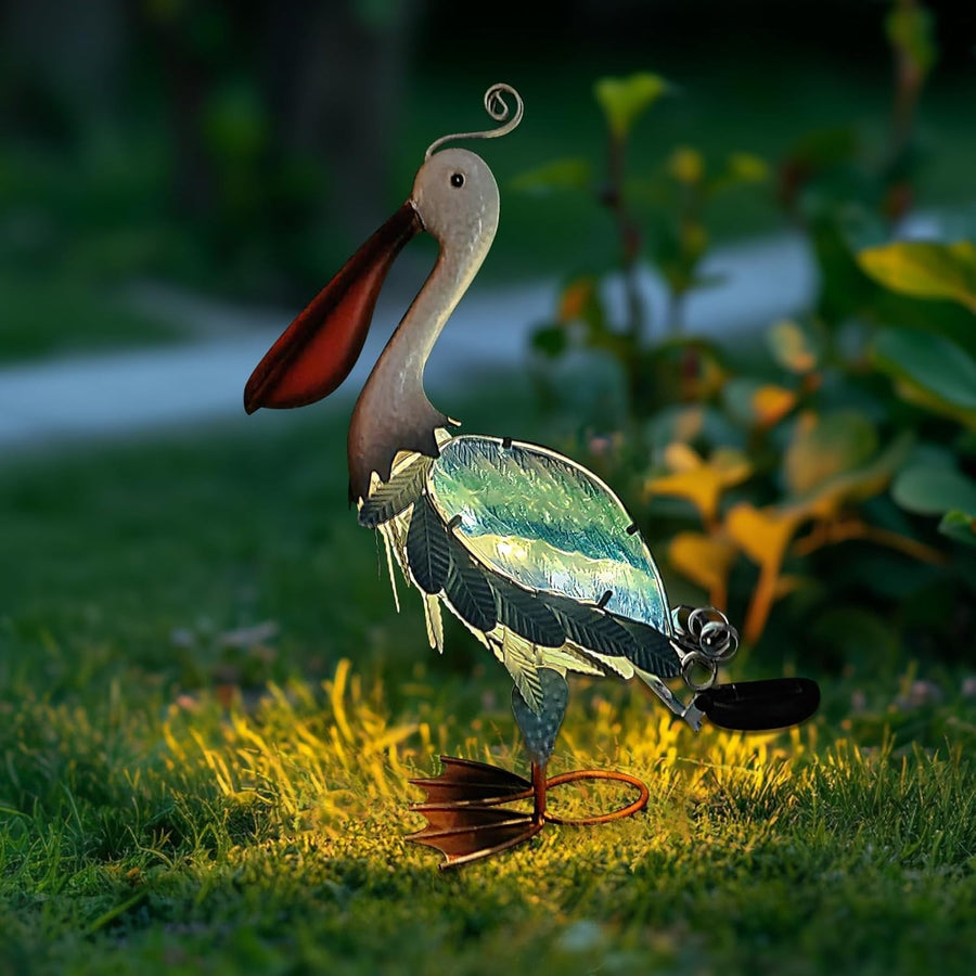 Solar Metal Pelican Garden Statue 19" Coastal Bird Ornament Outdoor Yard Decor