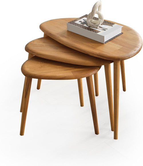 Oak Wood Nesting Coffee Table Set of 3 Mid-Century Modern Oval Living Room