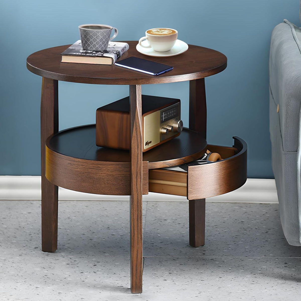 Natural Oak Round Coffee Table with Hidden Drawer – 50x40x50cm Storage