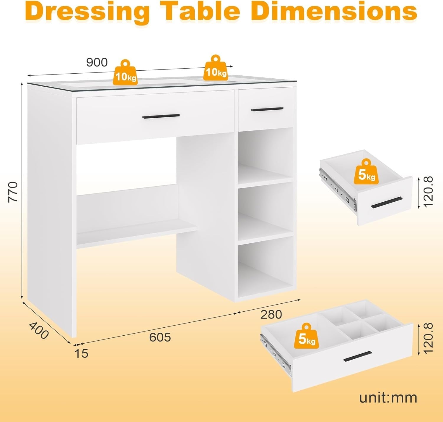 Vanity Dressing Table White Gloss Glass Top Makeup Desk 2 Drawers Storage New