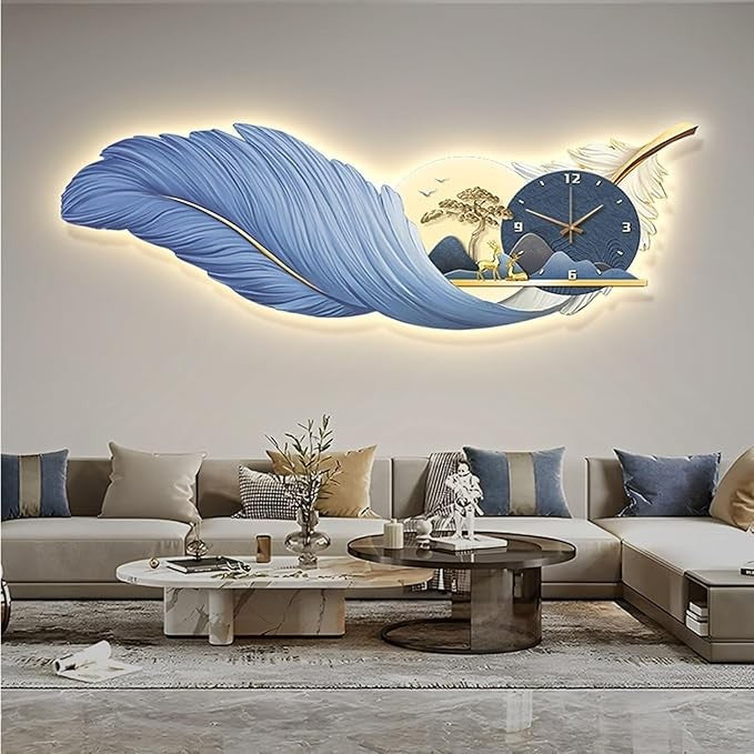LED Feather Wall Clock 120×43cm Luxury Silent Modern Light-Up Wall Art Decor