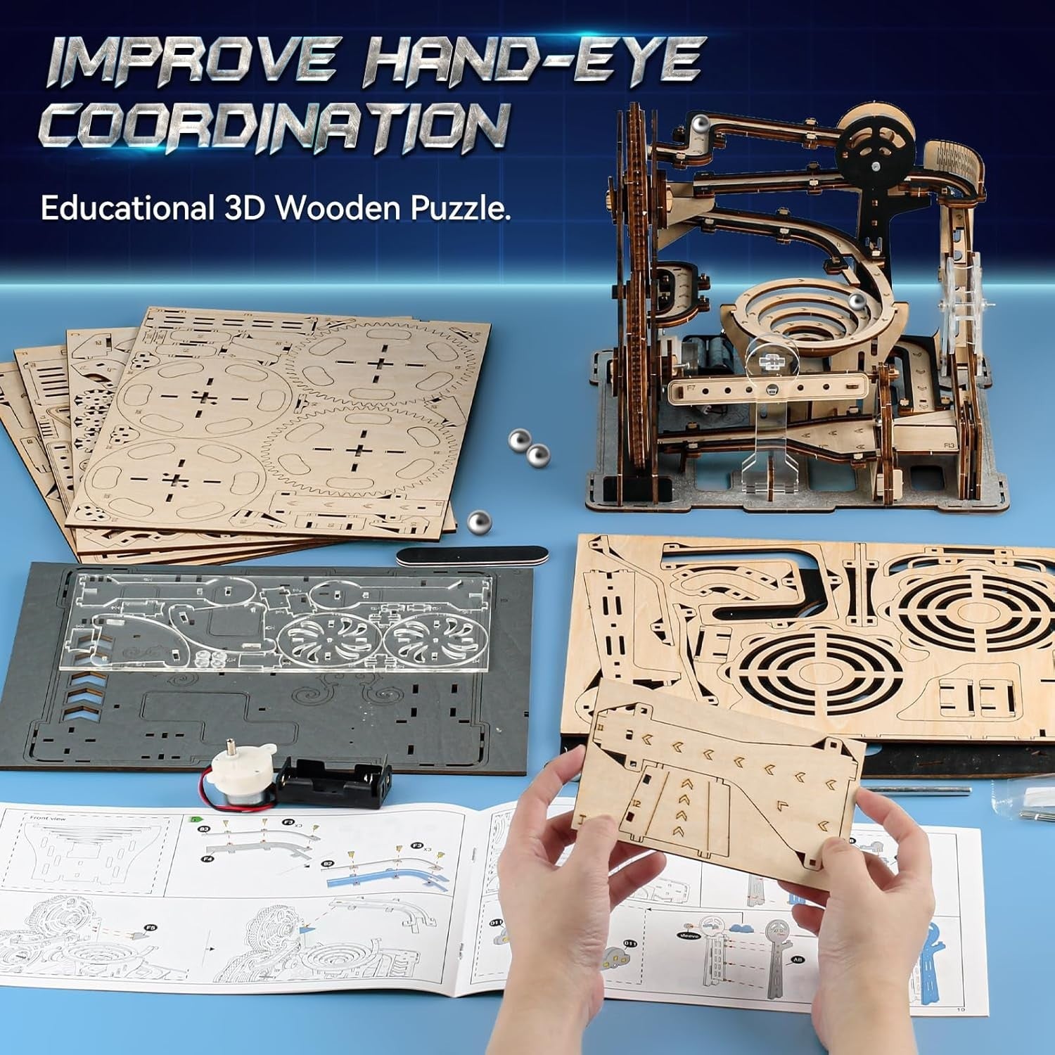 Electric 3D Wooden Marble Run Puzzle - Hands-On Mechanical Model Kit