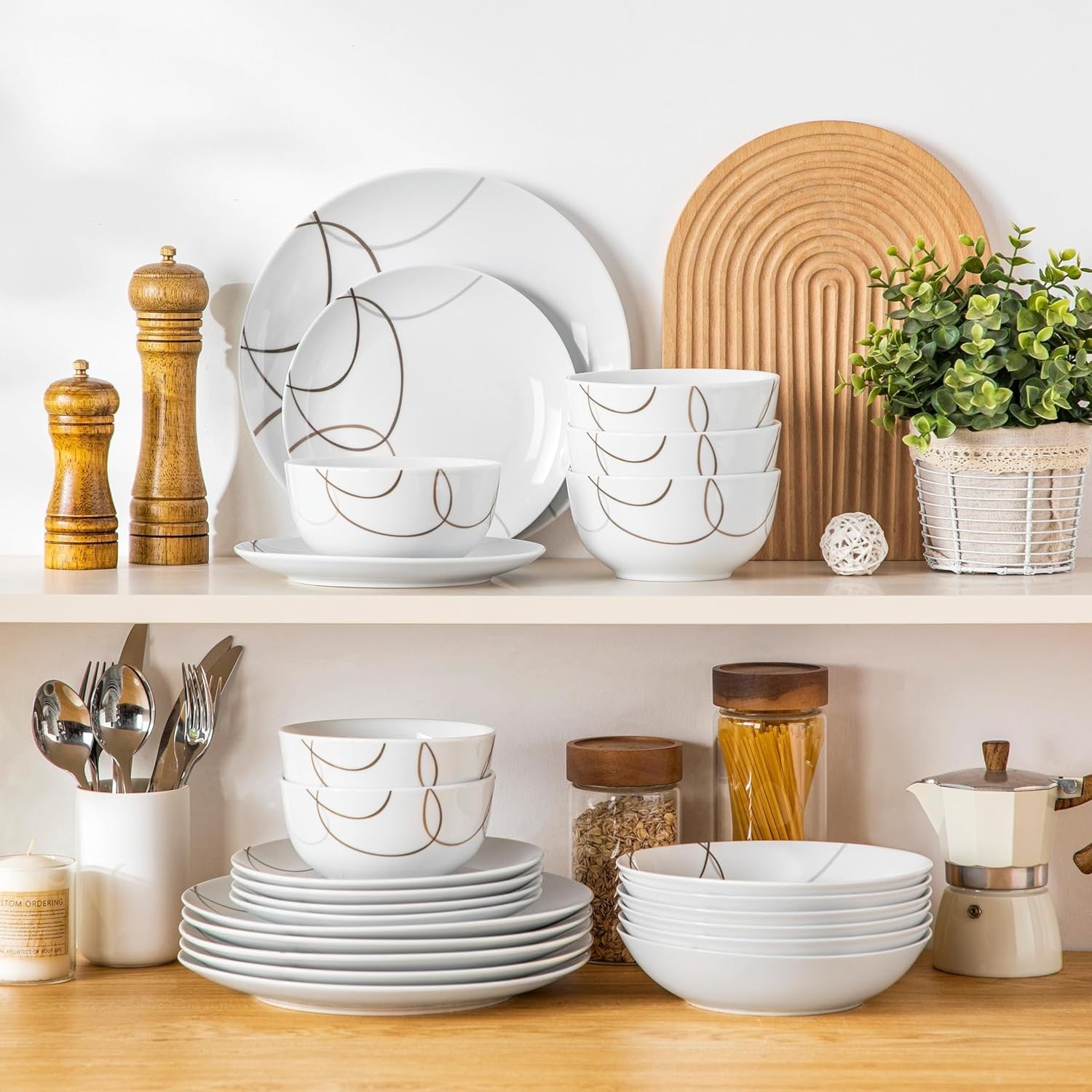 24 Piece Porcelain Dinner Set Plates Bowls Modern Line Design Dishwasher Safe