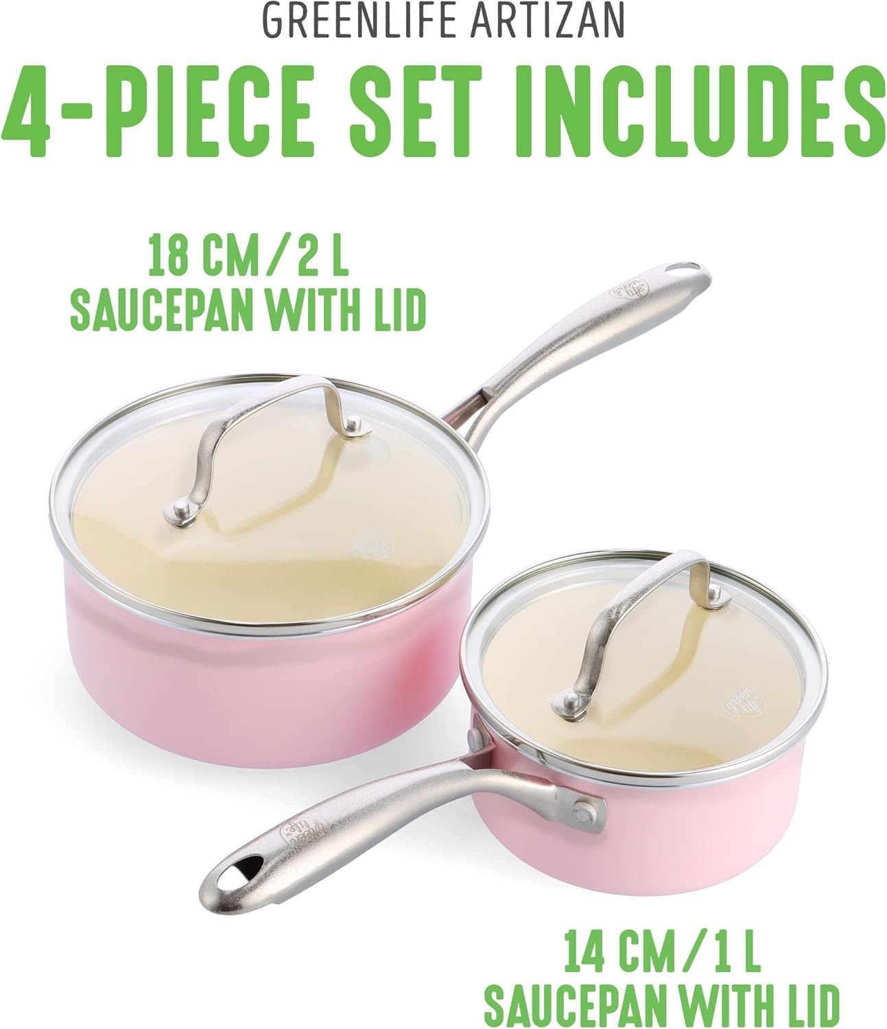 2Pcs Pink Ceramic Saucepan Set Non Stick 14cm 18cm With Lids Induction PFAS Free