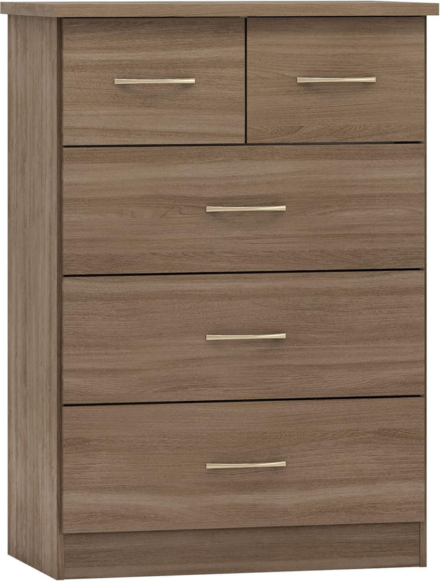 Rustic Oak 5 Drawer Chest of Drawers Tall Slim Bedroom Storage Cabinet